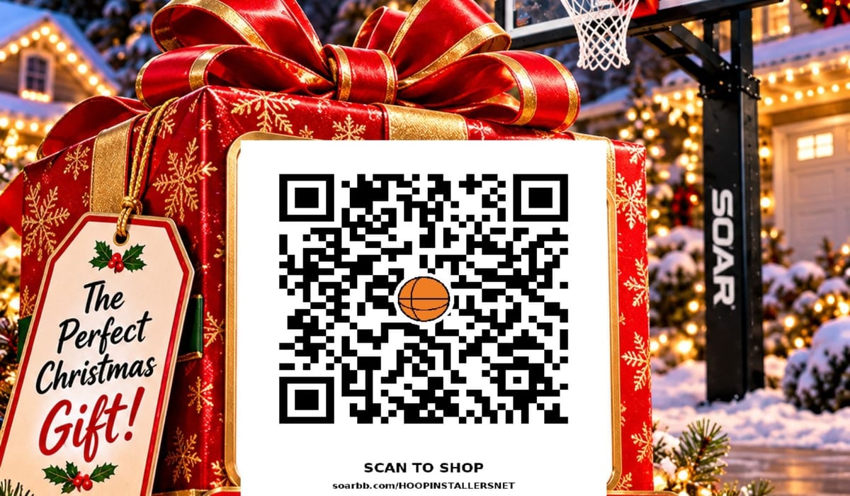 Christmas gift box with SOAR basketball hoop in snowy background