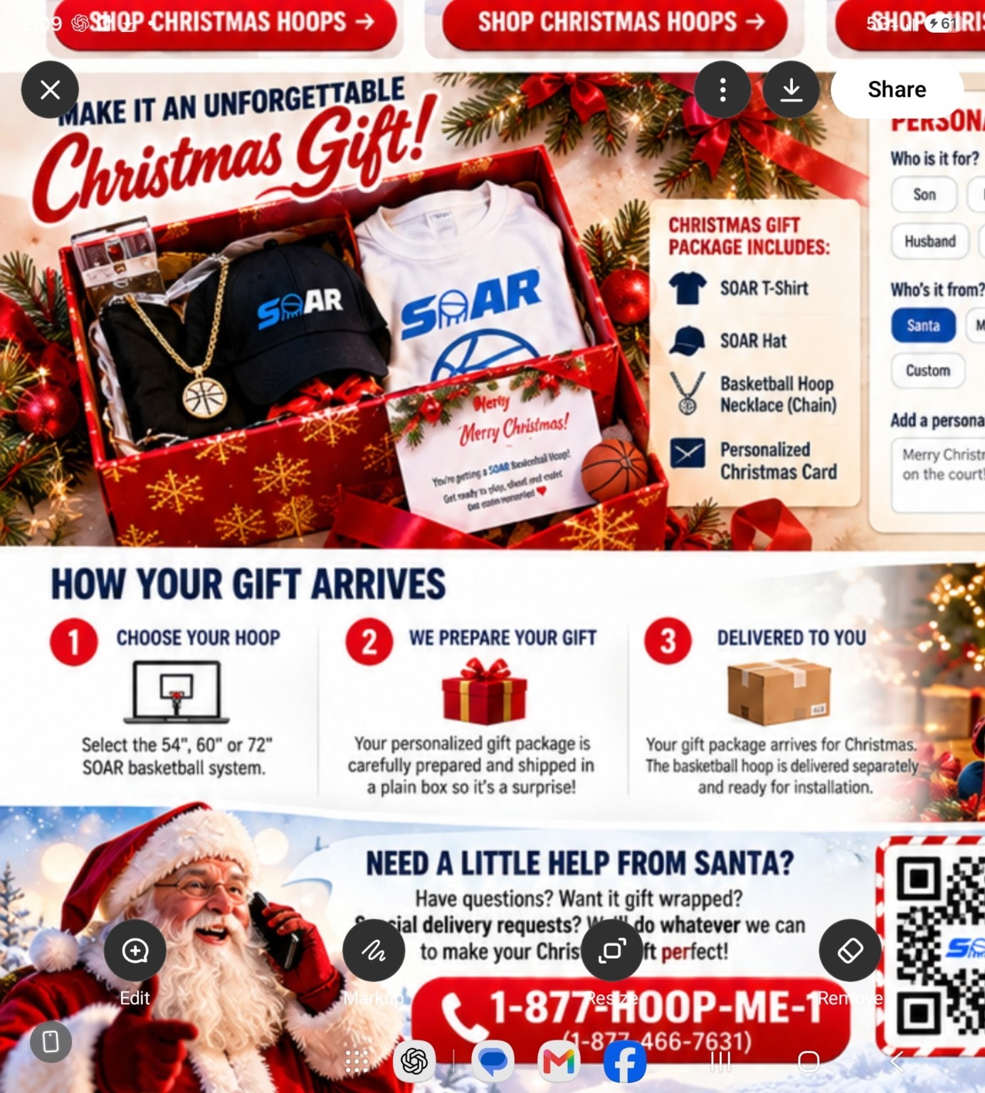 Santa flying through the air with elves installing a basketball hoop below